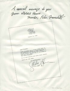 Goldie Hawn note supporting Peter Franchot