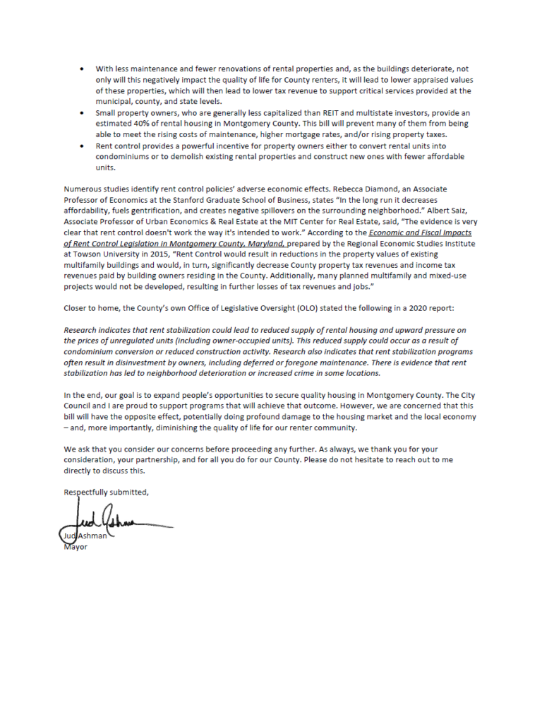 Gaithersburg to Council No on Rent Control Montgomery Perspective